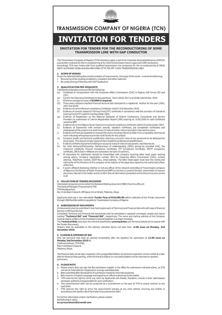 TCN_NIGERIA's tweet photo. INVITATION TO TENDER FOR THE RECONDUCTORING OF SOME  TRANSMISSION LINE WITH GAP CONDUCTOR https://t.co/UTsMw71rb3