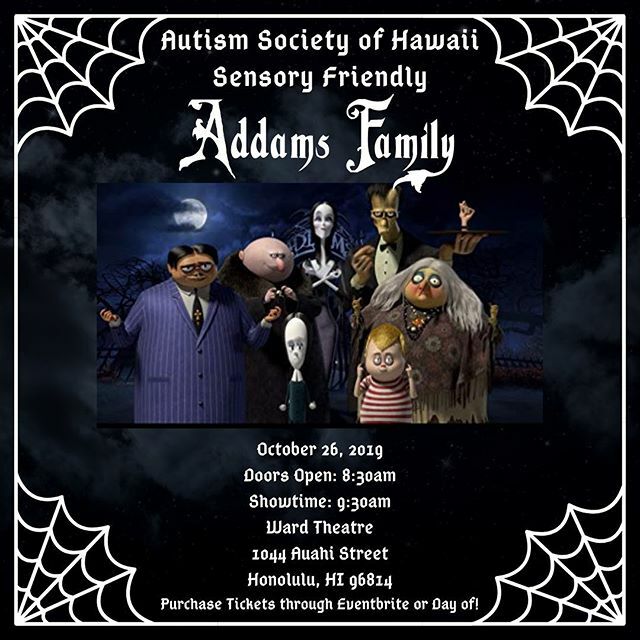 FOR OUR O’AHU ‘OHANA!
SENSORY FRIENDLY ADDAMS FAMILY 🖤 👻🖤
•
Get your tickets now, link is in our bio!
•
 #AutismSocietyOfHawaii #DifferentAbility #NotADisability #ChooseToEmpower #BeKind #Autism #AutismAwareness #AwarenessIsAlways #AutismAcceptan… ift.tt/2BtEzAH