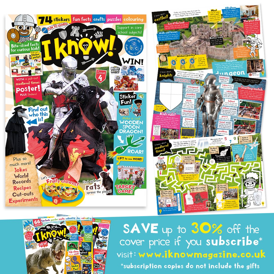 redanfuntolearn's tweet image. I Know! issue #4 is on sale now!
This Medieval themed issue has loads of fun activities for kids to enjoy and learn!

📣 Don&apos;t miss an issue and SAVE up to 30% off the cover price. Head to bit.ly/2YqKzYU

#screenfreekids #PlayMakeLearn #LoveLearning