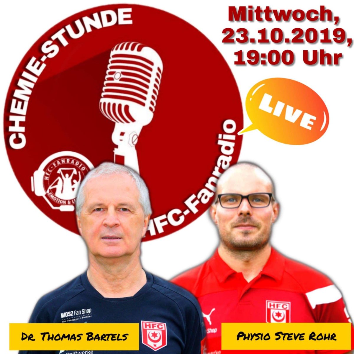 Hallescher FC (@hallescherfc) on Twitter photo Chemiestunde des HFC-Fanradio. Mittwoch um 19 Uhr mit Mannschaftsarzt und Physiotherapeut. Einschalten! Chemiestunde des HFC-Fanradio. Mittwoch um 19 Uhr mit Mannschaftsarzt und Physiotherapeut. Einschalten!
