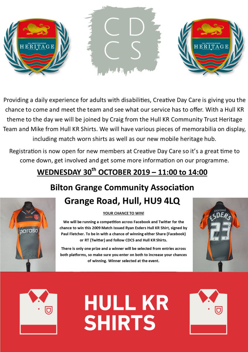 🚨🚨 COMPETITION 🚨🚨 

Next week we will be part of the CDCS Event with Hull KR Community Trust. To celebrate, we're giving away a 2009 Match Issued Ryan Esders Away Shirt! 

For a chance to win please;

1. Follow <a href="/CDCS_Hull/">Creative Day Care Hull</a> &amp; <a href="/HullKRShirts/">Hull KR Shirts</a>
2. RT this tweet

#HullKR #CDCS 🔴⚪