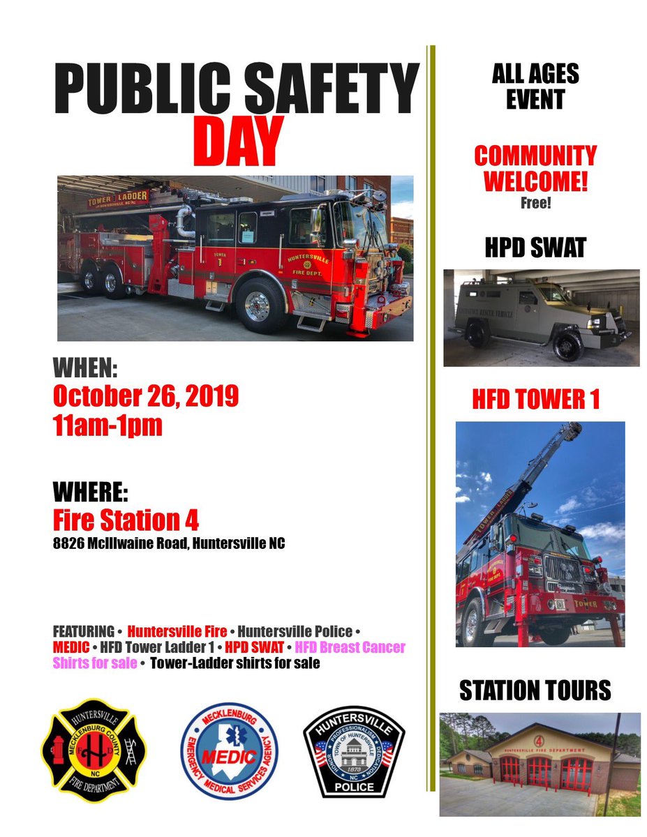 Huntersville_FD's tweet photo. THIS Saturday! https://t.co/lH6J1AYltW  #OneTownOneTeam #PublicSafetyDay https://t.co/Bqif3QFKsN