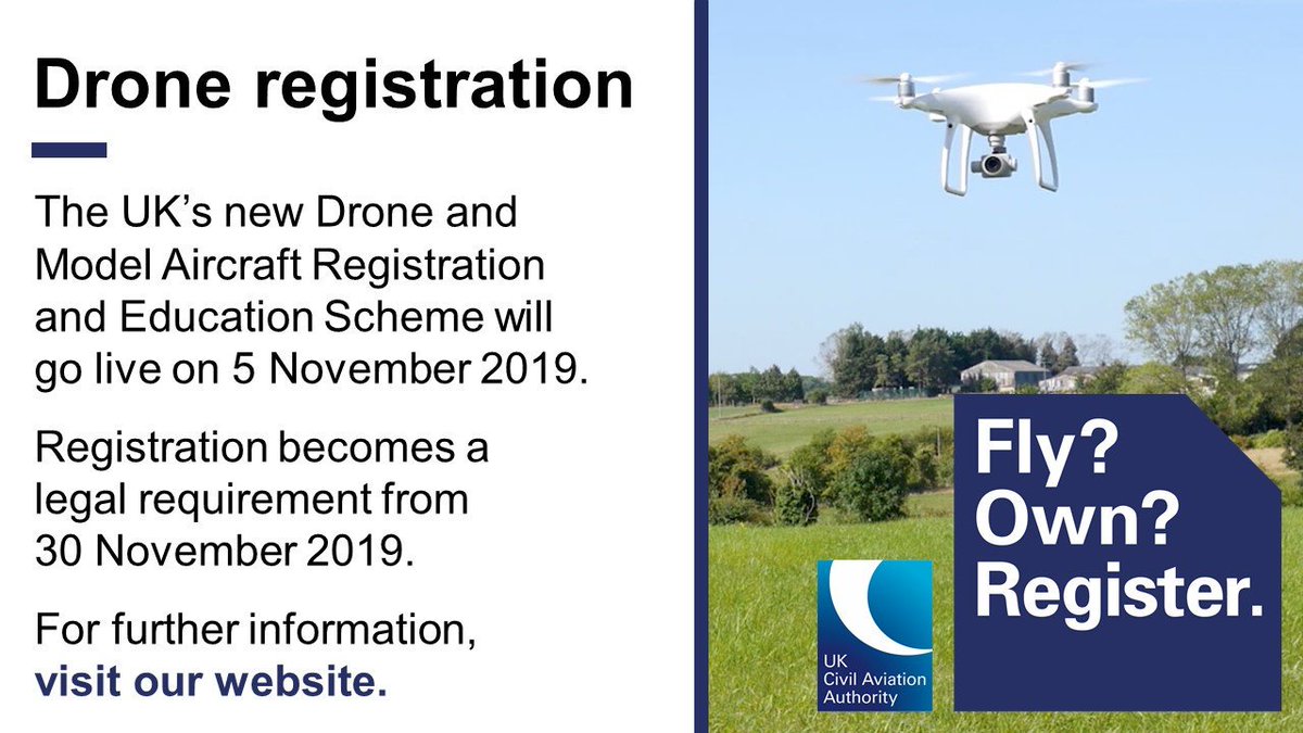 UK Civil Authority Twitter: "The UK's new Drone and Model Aircraft Registration and Education Scheme will go live on 5 November 2019. Registration becomes a legal requirement from 30 November