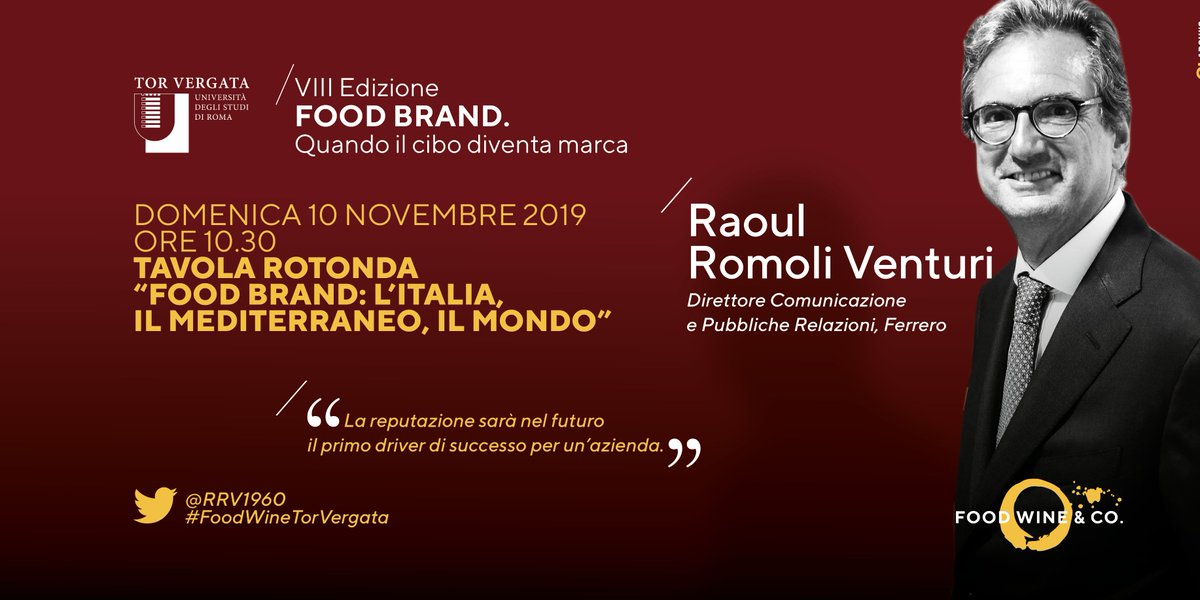 Comunica_Media's tweet photo. ➡️#FoodWineTorVergata 2019⬅️
🗓️9-10-11 novembre @FieraRoma @MercatoMediter

🎙️#Reputazione: driver di successo dell'azienda
❗️R. Romoli Venturi, Direttore #Comunicazione e #PR, #Ferrero,nella tavola rotonda di Food Wine&amp;Co.

Iscrizioni👉pignedoli@economia.uniroma2.it
☎️0672595522 https://t.co/ToPhECbts3