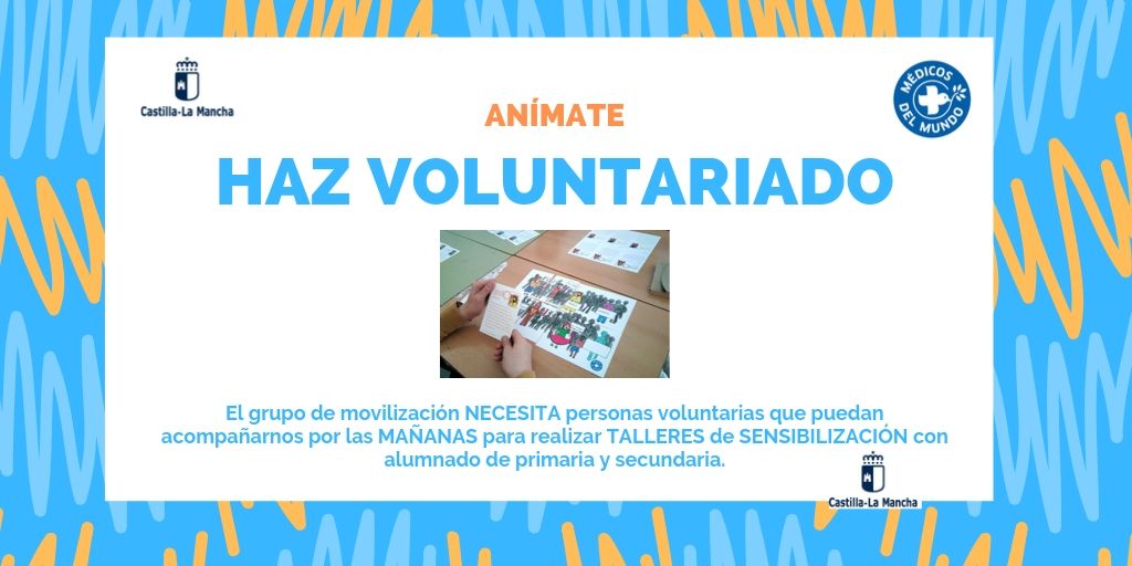 Buscamos personas voluntarias para nuestro proyecto de Sensibilización, con talleres para alumnado de primaria y secundaria. Te animas? #voluntarizate
Contactarnos por redes o en; castillalamancha@medicosdelmundo.org, Tlf: 925 22 23 12