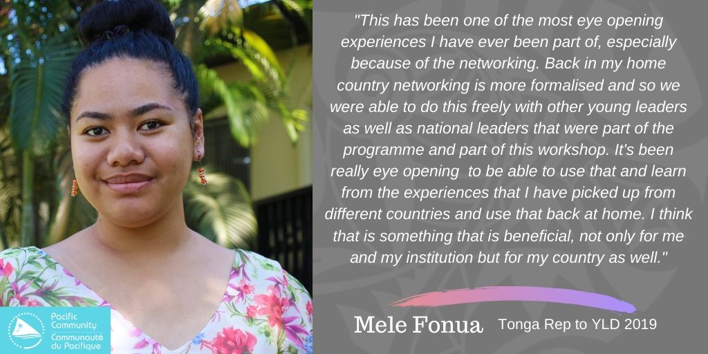 spc_cps's tweet photo. Meet Mele Fonua, Tonga rep to 2019 Regional Young Leaders Dialogue held in Nadi (8 -10 October). The event provided more than 80 young leaders from 15 PICs to discuss on how they could more effectively be involved in leadership, governance & human rights. #InspireEngageTransform https://t.co/ccKfTfKaSA