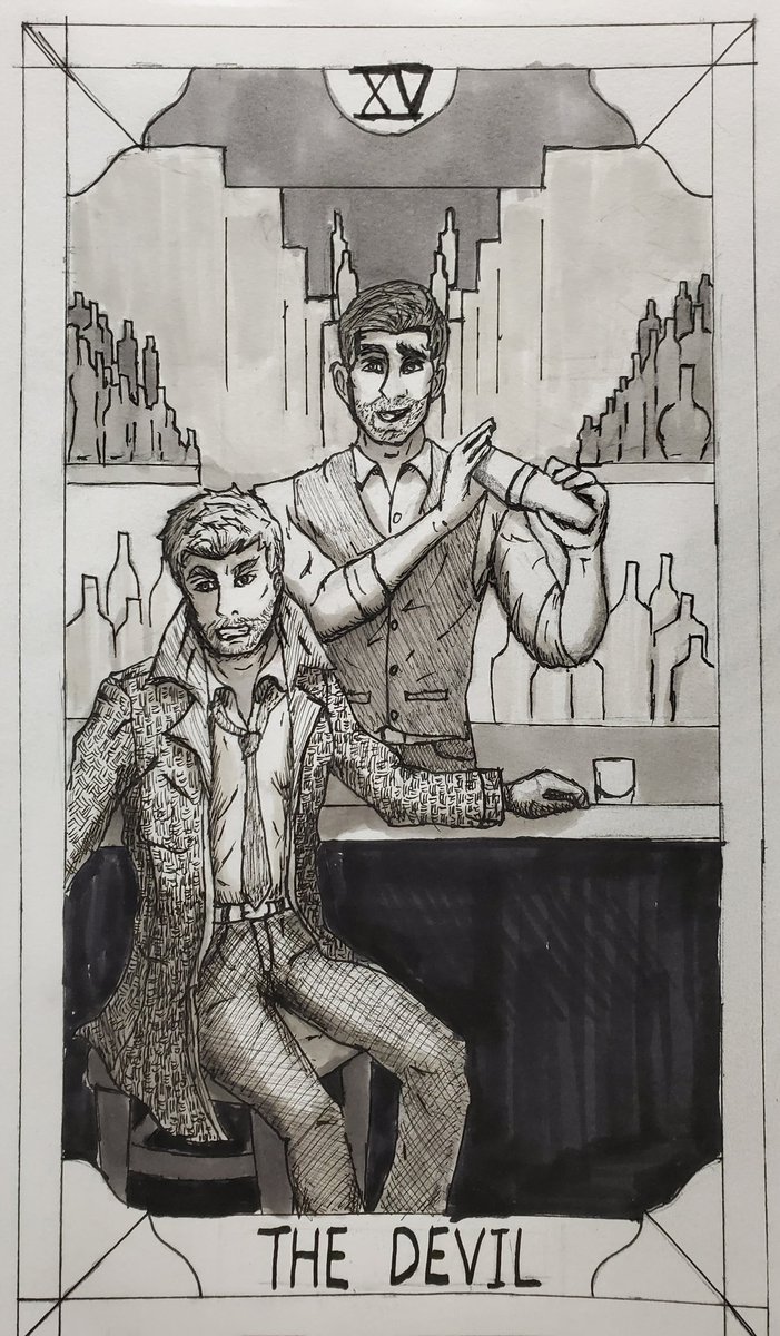 phoenixkingr's tweet photo. The King of Hell and The Hellblazer.  John #Constantine drinking with our favorite Devil #Lucifer of course! John seems drunk... or peeved, or both! The process was a bit harder than I thought it was going to be, but I am happy with the end results! #Inktober2019 #hellblazer https://t.co/9OcMkyP7HX