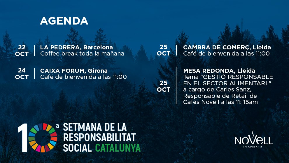 CafesNovell's tweet photo. La @SetmanaRSC Catalunya compleix deu anys. Estarem oferim el millor cafè sostenible i participant en taules rodones. Si ajudar el planeta forma part de les vostres prioritats, us esperem durant tota la setmana
Més info a https://t.co/Qfnyrp4jmS
#rsc #helpplaneta #sostenibilitat https://t.co/tFpnsyHFC0