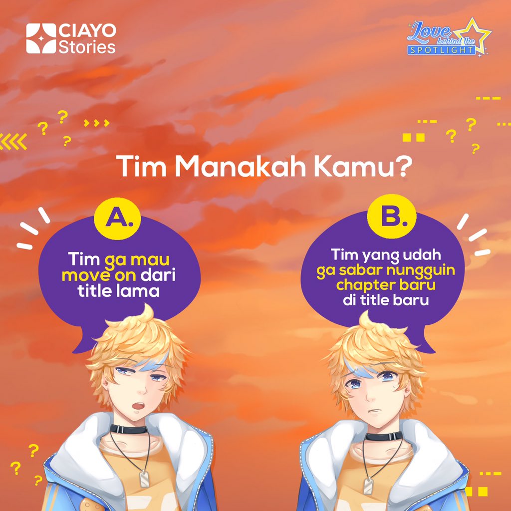 ciayostories's tweet photo. Buat kamu para penggemar CIAYO stories #MiCin mau nanya nih, kamu tim yang gak mau move on dari title yang lama atau tim yang udah gak sabar nungguin title baru? 

Jujur aja coba jujur sama #MiCin hahahaha
#CIAYOStories #CIAYOGames #Agate #TentuinMasaDepanmu #timmana https://t.co/d9ib654grn