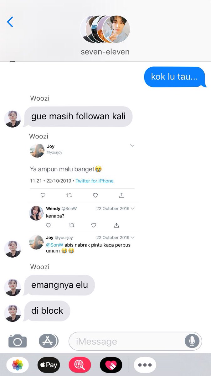 sevel: ngeroast wonu.Tambahan info: Karena Joy sama Wonu satu SMA, artinya dia juga satu SMA sama Woozi. Irene Wendy Seulgi juga. Woozi Joy Wonu pernah sekelas, makanya Woozi bisa mutualan sama Joy.