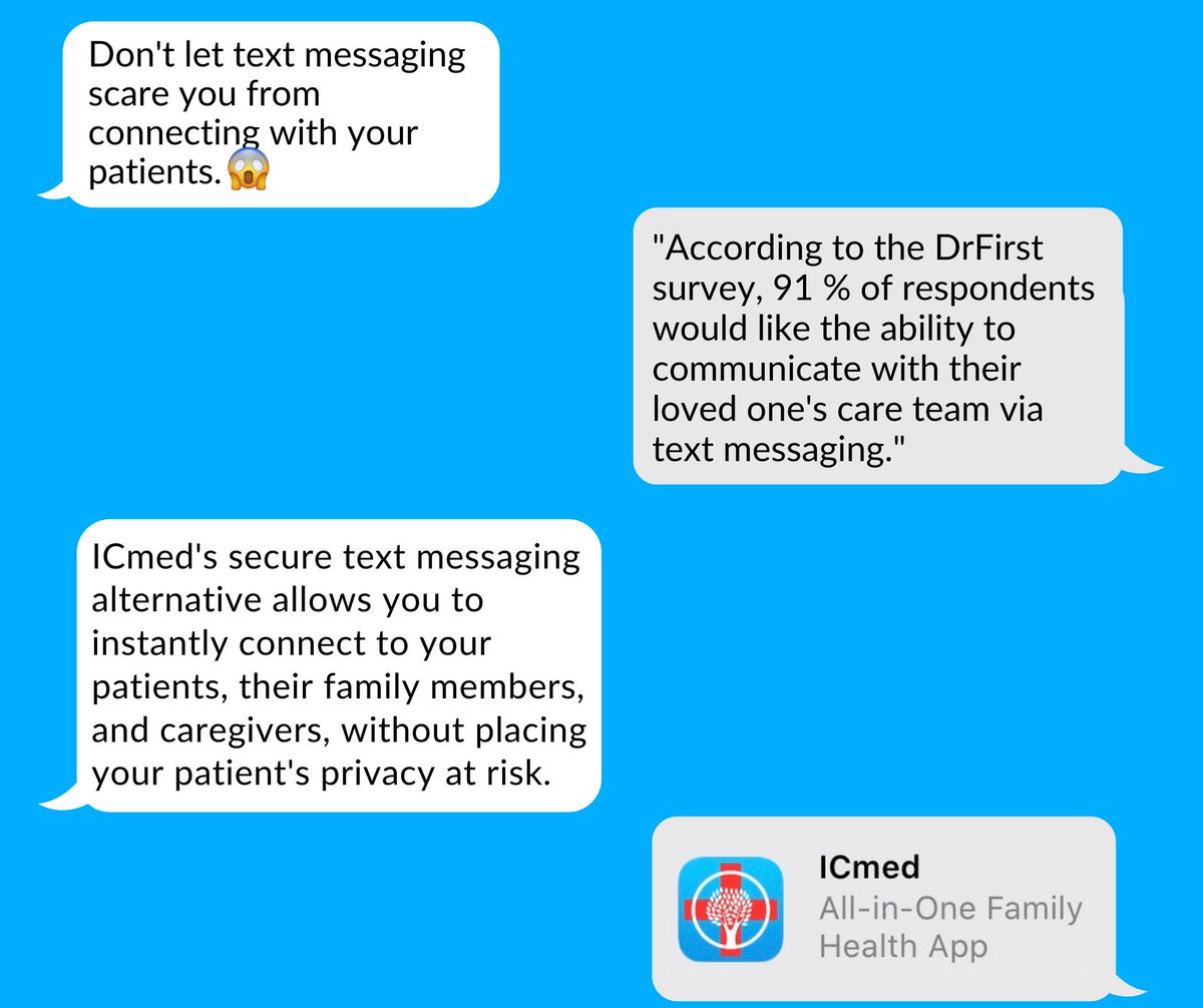 ICmedonline's tweet photo. 91% want the ability to chat with their loved one's care team, according to 2019 @DrFirst survey. Why not give them what they want AND ease your load? #SecureTextMessaging
https://t.co/AXBrH4g9cx
#HCLDR #HITsm #Connect2Health https://t.co/i0TKFwjBpd