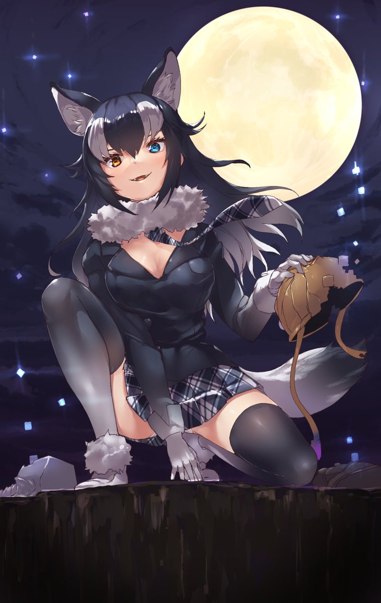 タイリクオオカミ(けものフレンズ) 「「こんばんは。月がきれいな夜は狩りがしたくなるわね。隊長さんも一緒にどう?」 」|只野まぐのイラスト