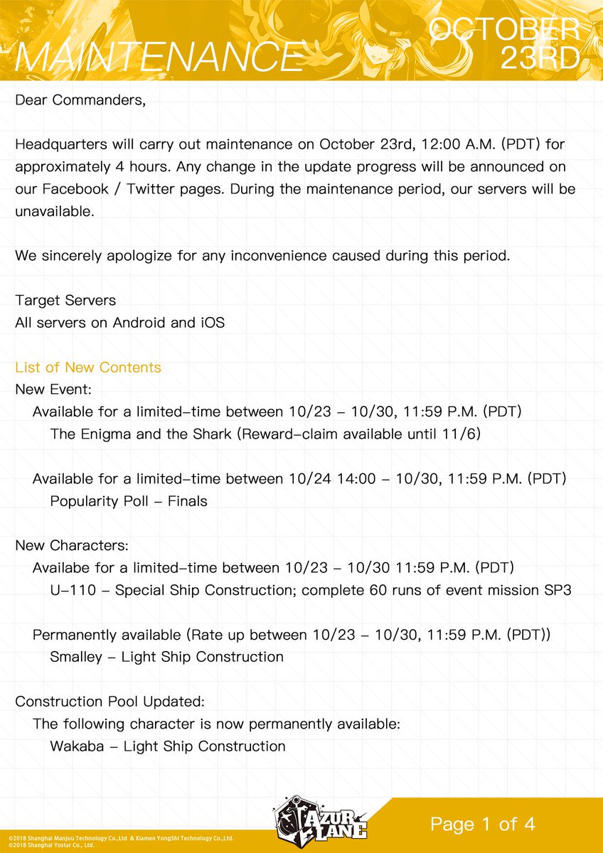 AzurLane_EN's tweet photo. Here’s an advance notification for the coming maintenance period. Please plan accordingly for the scheduled server downtime.

For any questions, contact us: al.cs@yo-star.com

#AzurLane #Yostar https://t.co/fUAI7gCZoy