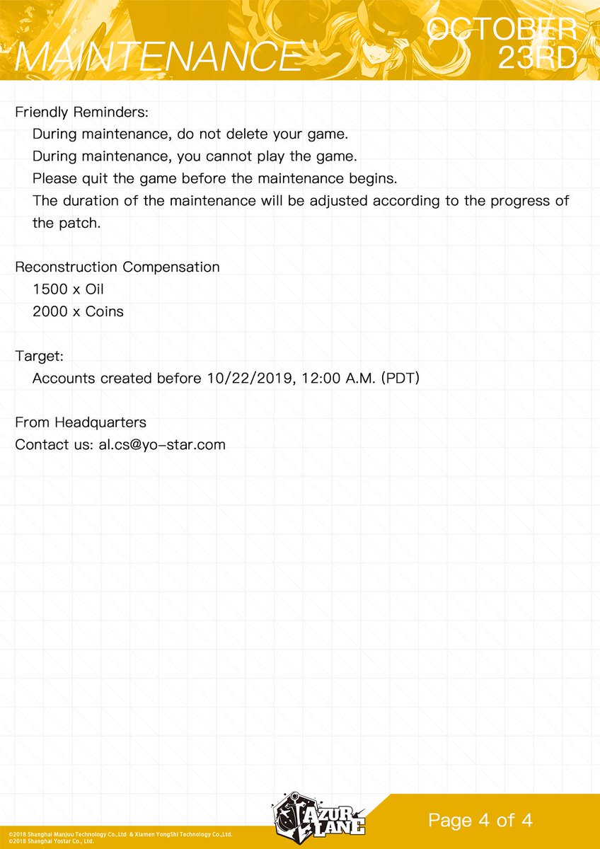 AzurLane_EN's tweet photo. Here’s an advance notification for the coming maintenance period. Please plan accordingly for the scheduled server downtime.

For any questions, contact us: al.cs@yo-star.com

#AzurLane #Yostar https://t.co/fUAI7gCZoy