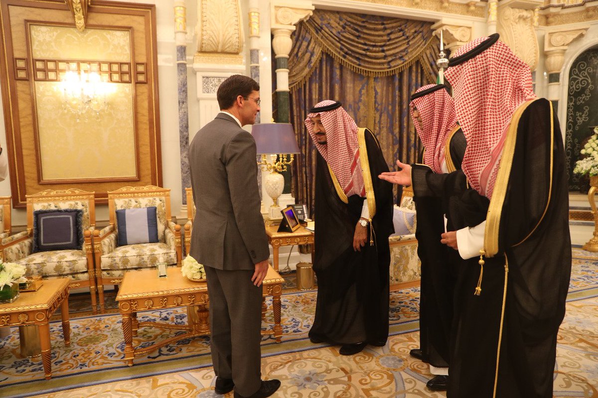 USAinKSA's tweet image. Accompanied by Ambassador #Abizaid, Secretary of Defense @EsperDOD met w/ @KingSalman in #Riyadh to discuss the deployment of U.S. assets to #SaudiArabia in order to take a firm stance in the region to deter Iranian malign behavior and promote regional stability.