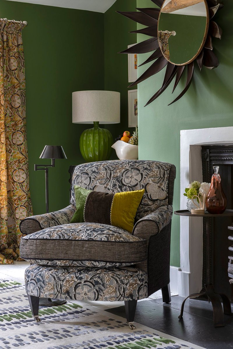 WilliamYeoward's tweet photo. In this cosy corner we have a Chartres Scroll Back Chair upholstered in Kalamos Slate with Aritha Forest cushion. https://t.co/X66O6lXPAw