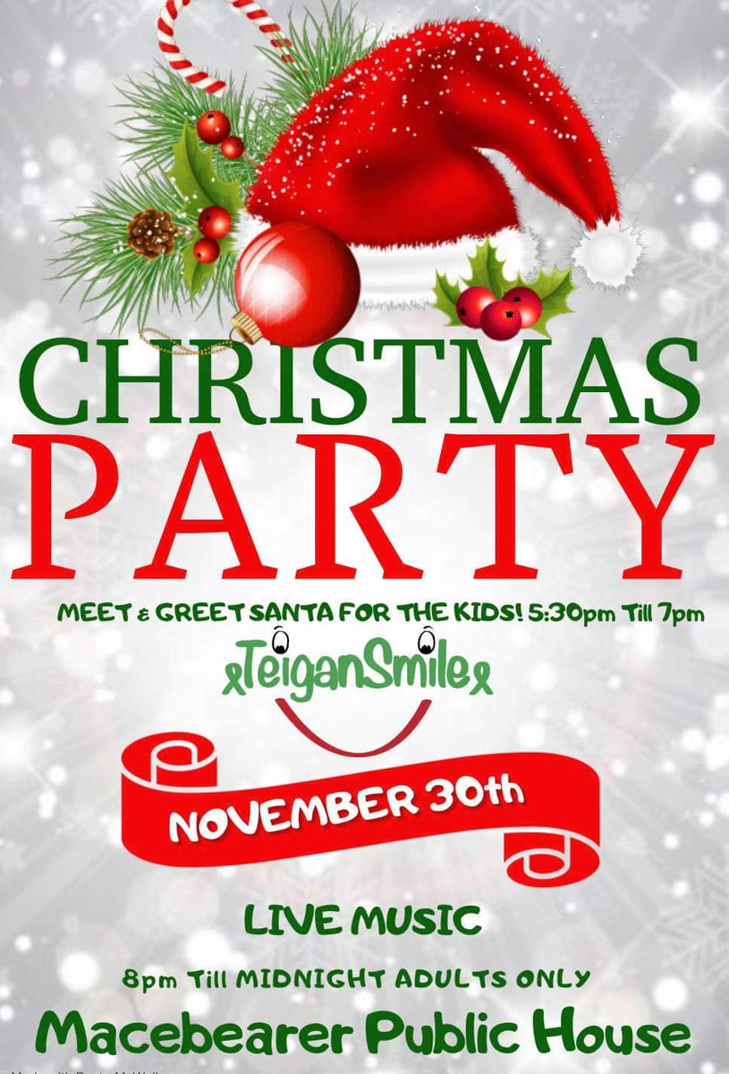MacebearerThe's tweet photo. 30th November Charity Xmas Party, 

5.30pm - 7pm 
Meet and Greet Father Christmas and a Christmas activity, FREE - donations kindly suggested 

8pm - Midnight 
Live music with The Spin Things over 18s only. https://t.co/OJ4D71sc9e
