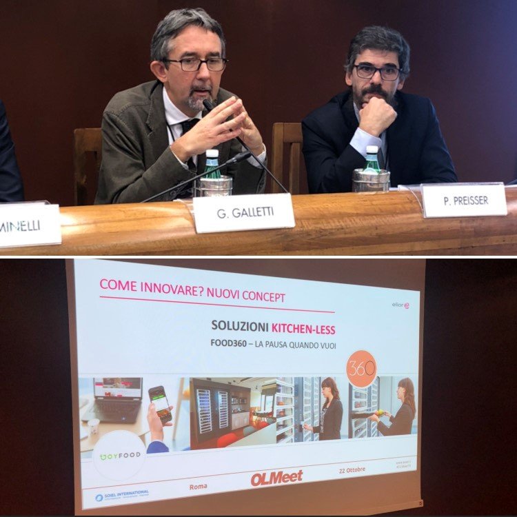 soiel_it's tweet photo. #OLMeet19 Gianluca Galletti, Direttore Commerciale, ci racconta come @Elior_Group voglia portare sul mercato nuovi concept e soluzioni, con un focus sul benessere e sulla produttività del singolo cercando l'equilibrio perfetto tra pausa e lavoro. https://t.co/BYQLKB5aZH