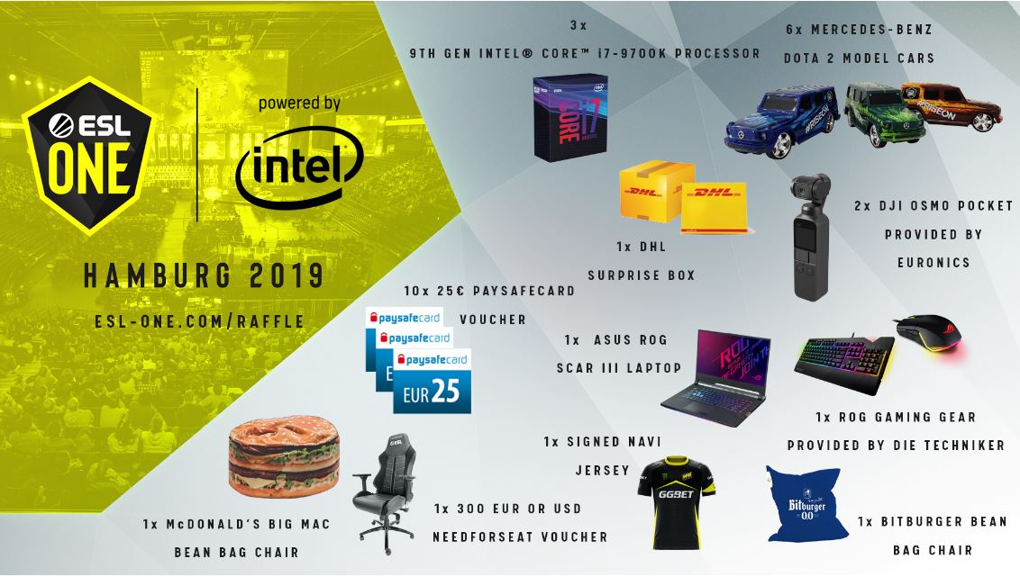 Take part in our #ESLOne Hamburg raffle and win cool prizes from <a href="/IntelGaming/">Intel Gaming</a>, <a href="/MercedesBenz/">Mercedes-Benz</a>, <a href="/DeutschePostDHL/">Deutsche Post und DHL News</a>, <a href="/ASUS_ROG/">ROG Global</a>, <a href="/EURONICS/">Der Elektroladen</a>, <a href="/McDonaldsDENews/">McDonald's Deutschland</a>, <a href="/paysafecard/">paysafecard</a>, @ggbetofficial, <a href="/DieTechniker/">Die Techniker</a>, <a href="/paysafecard/">paysafecard</a> &amp; <a href="/NEEDforSEAT/">NEEDforSEAT® International</a> 💯 

esl-one.com/raffle