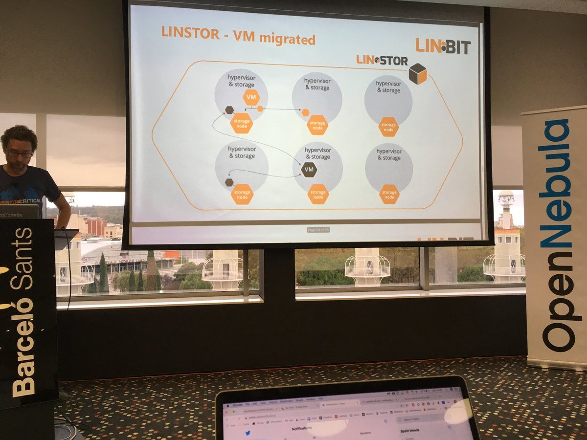 opennebula's tweet photo. We're very glad to have Philipp sharing how @LINBIT is using OpenNebula to produce resilient storage solutions. #OpenNebulaConf https://t.co/o897mUTI58