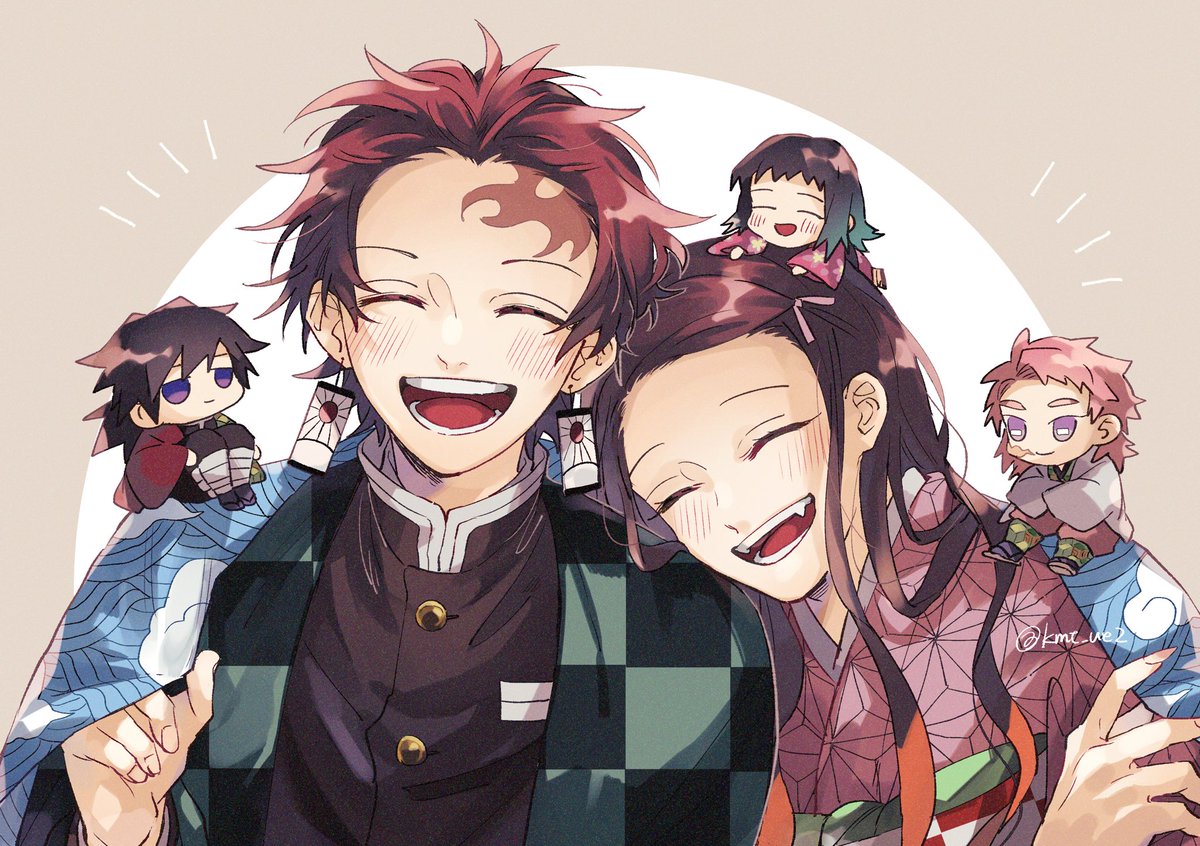 kamado nezuko ,kamado tanjirou ,tomioka giyuu multiple boys japanese clothes demon slayer uniform scar haori scar on face pink kimono  illustration images