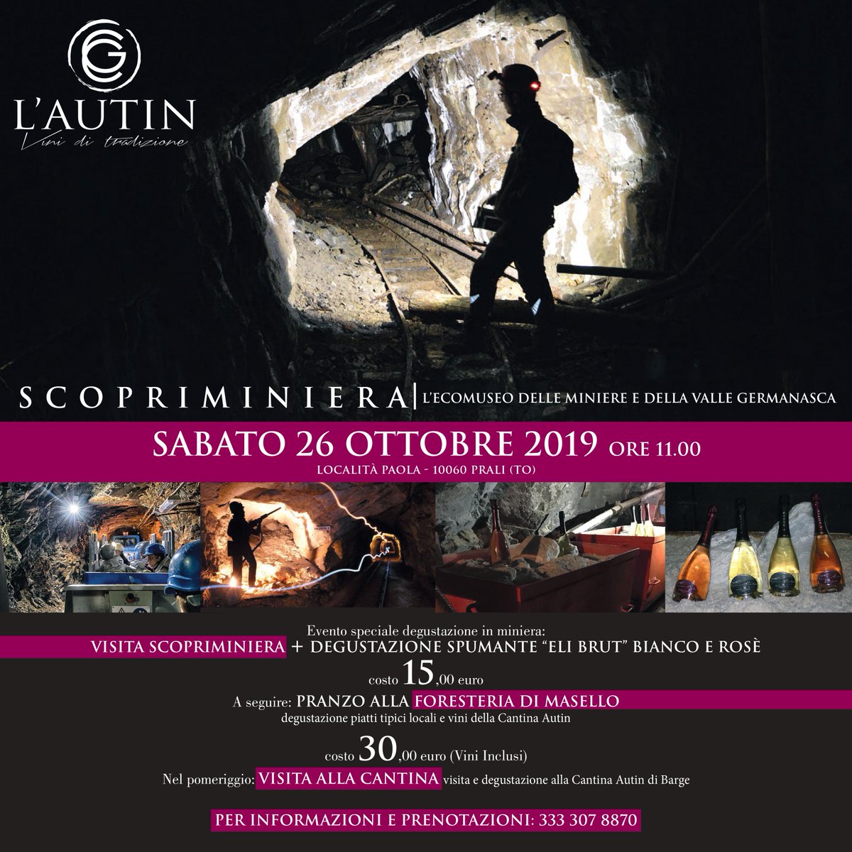 Vi ricordiamo l'appuntamento di sabato 26/10/19, evento speciale organizzato con EMVG-Ecomuseo Miniere a partire dalle 11 🥂
Una visita in #miniera seguita dalla #degustazione dello #spumante "Eli Brut"
Per info e prenotazioni contattare il numero: 333 307 88 70
#autin #wine