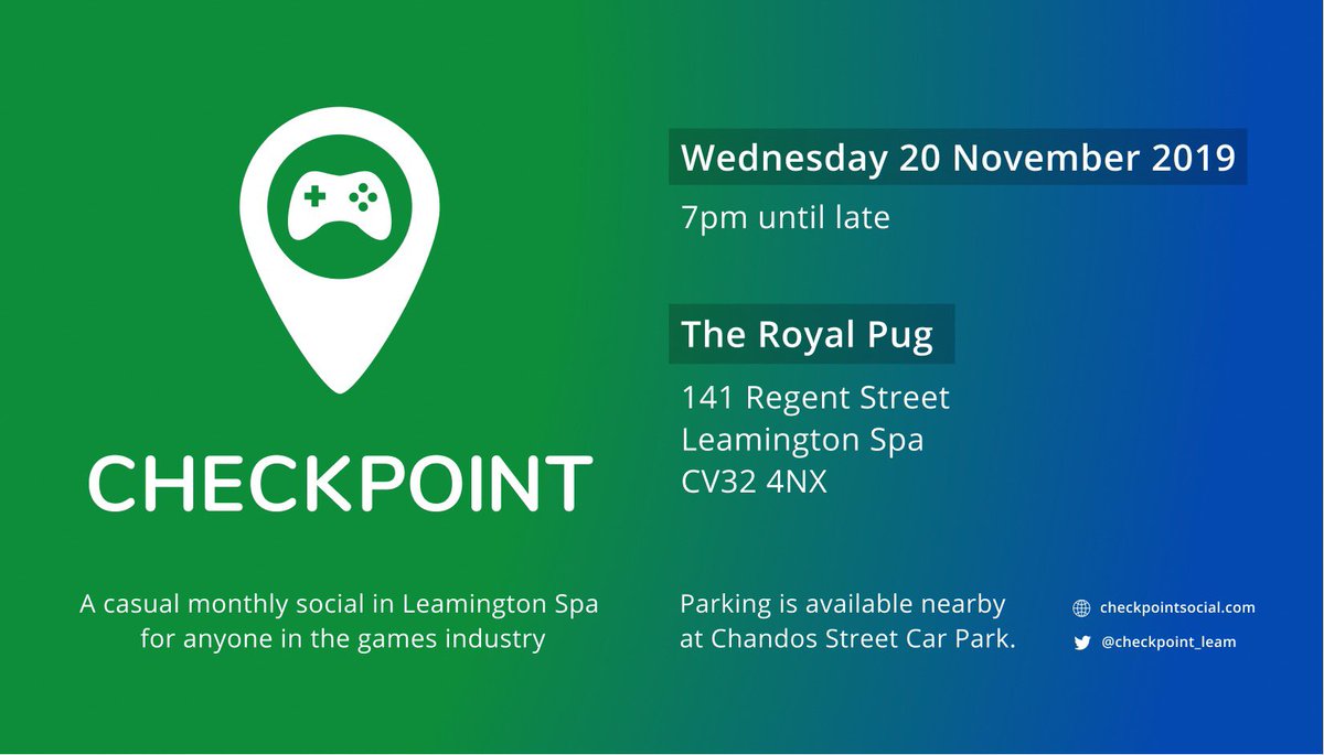 SAVE THE DATE!

🗓️ Wednesday 20th November
🕖 7pm - late
📍 The Royal Pug, Leamington Spa

Chat, relax and have a lovely time with other #gamedevs from #siliconspa! 🎮

Info and links can be found via our website:
checkpointsocial.com