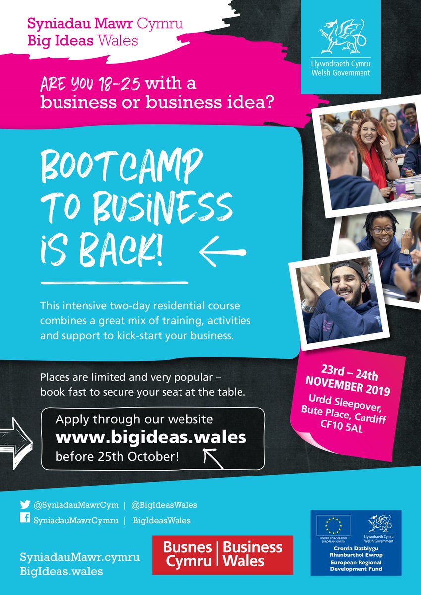 CardiffMetEnt's tweet photo. Applications for the @BigIdeasWales Bootcamp to Business weekend close this Friday!! The two day residential weekend in Cardiff Bay is perfect for anyone thinking of setting up, or that has set up in the past 6 months! Full info available here: https://t.co/e4kc1BE2Kz https://t.co/Ern51qwr9I