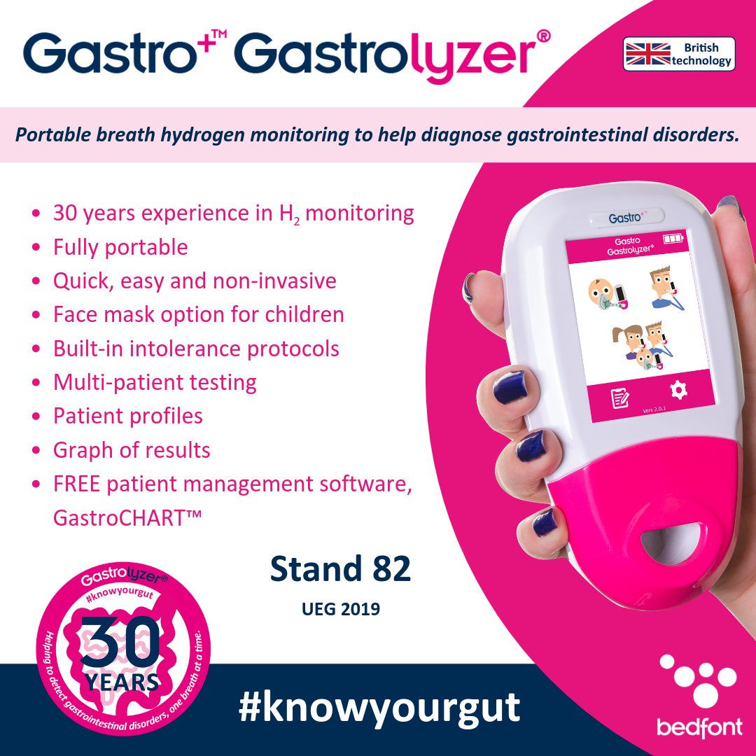 BedfontLtd's tweet photo. It's lunchtime for Day 2 of #UEG2019, how are you feeling? Our Gastro+ #Gastrolyzer can help diagnose #gastrointestinaldisorders with #hydrogenmonitoring, and if you visit stand 82 today, you have a chance to win a monitor!

#knowyourgut #lactoseintolerance #sugarintolerance https://t.co/f8jtjBY5WT