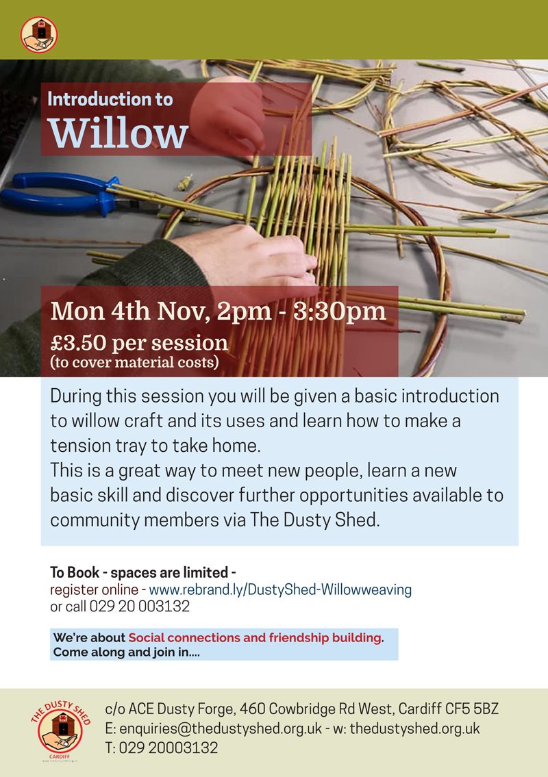 DustyShed's tweet photo. New Taster Sessions with the Dusty Shed:
Willow Weaving - Mon 4th Nov, 2pm.
Why not try out some basic willow craft skills. Sign up here - 
https://t.co/WRV1CKlkvL https://t.co/ouI3aKM0dc