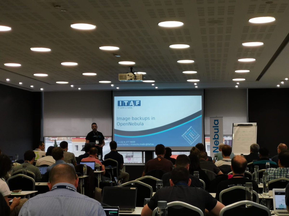opennebula's tweet photo. Momo, from #ITAF, is reviewing why they love Image Backups with OpenNebula. #OpenNebulaConf https://t.co/aLNS3sslaF