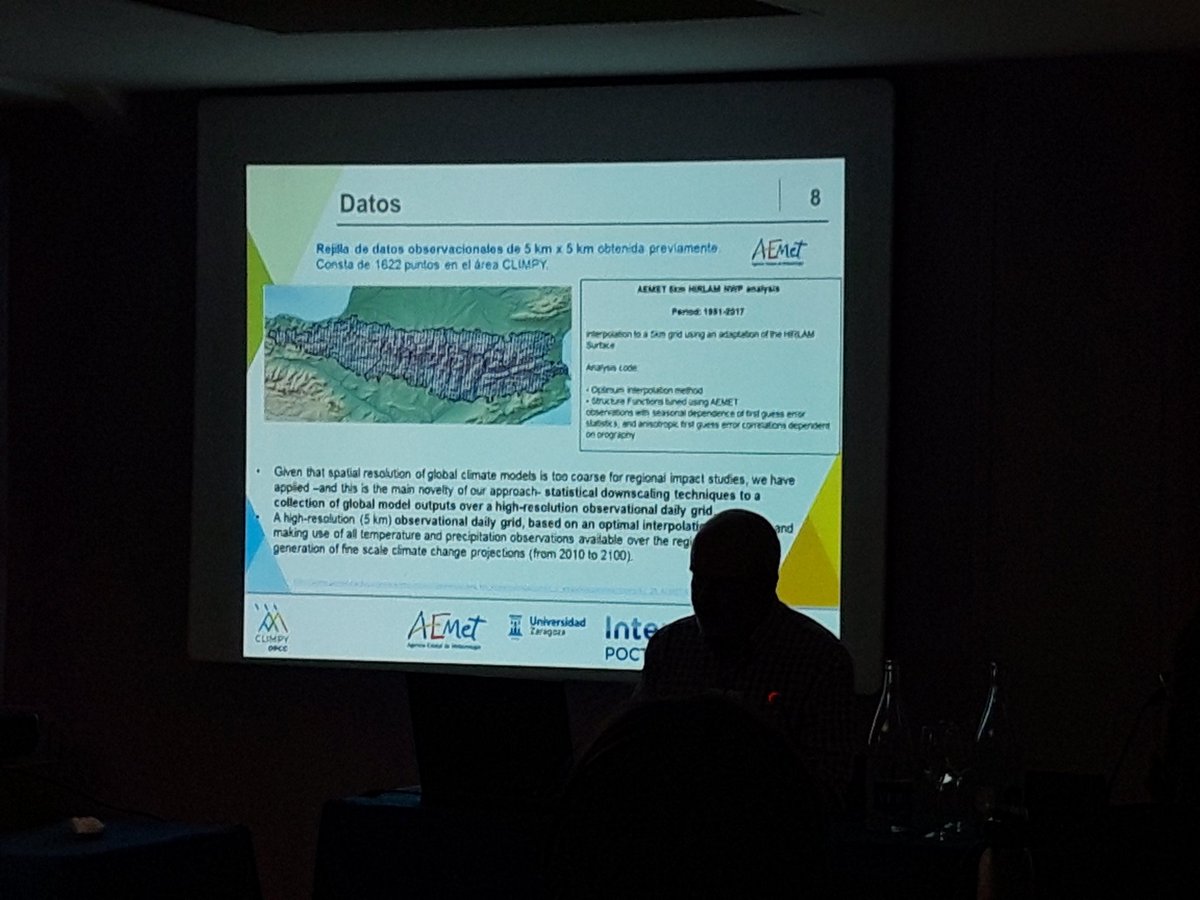 AEMET_Aragon's tweet photo. Proyecciones climáticas de T y PCP y su aplicación a #Pirineos. Presenta Ernesto Rodriguez Camino, Jefe de Área de Evolución y Vigilancia del Clima de @AEMET_Esp Jornada OPCC #CLIMPY Palacio Congresos #Jaca https://t.co/OpfFNOEY6n