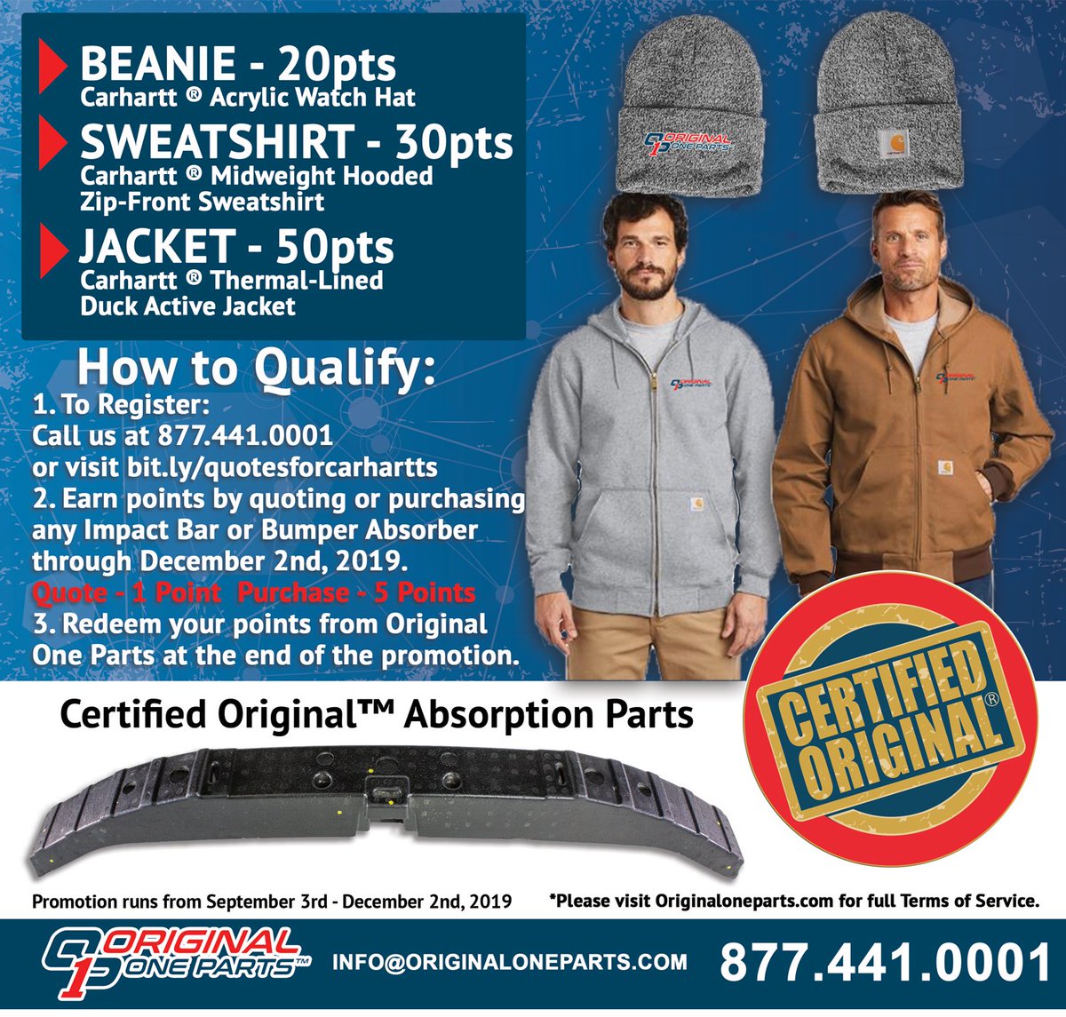 OriginalOnePart's tweet image. Are you a Parts Estimator or Purchaser for your company? There's still plenty of time to register and earn Free Carhartt Gear!
#FreeShipping #LimitedLifetimeWarranty #PerfectFitGuarantee #CertifiedOriginal
bit.ly/2W115tU