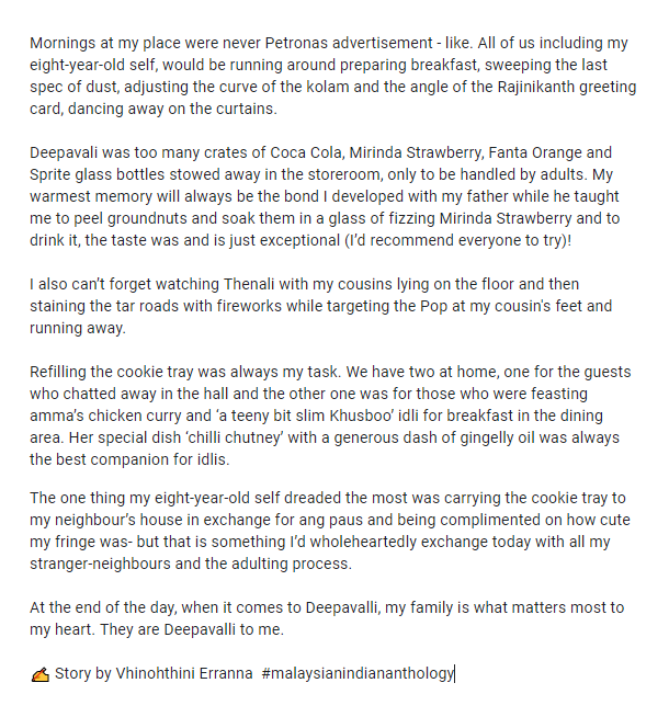 msianindian's tweet photo. Thank you Vhinohthini for starting off our 'Deepavalli Stories' series!

"Mornings at my place were never Petronas advertisement-like. All of us..would be running around preparing breakfast...adjusting the curve of the kolam and the angle of the Rajinikanth greeting card..." https://t.co/FHU7bxOXXx