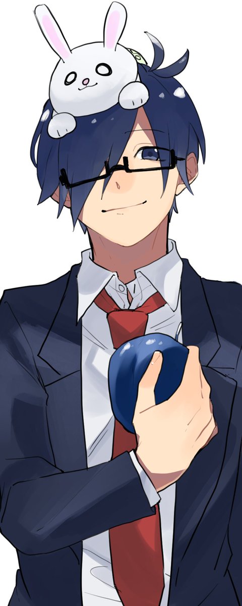 1boy male focus necktie glasses blue hair red necktie smile  illustration images