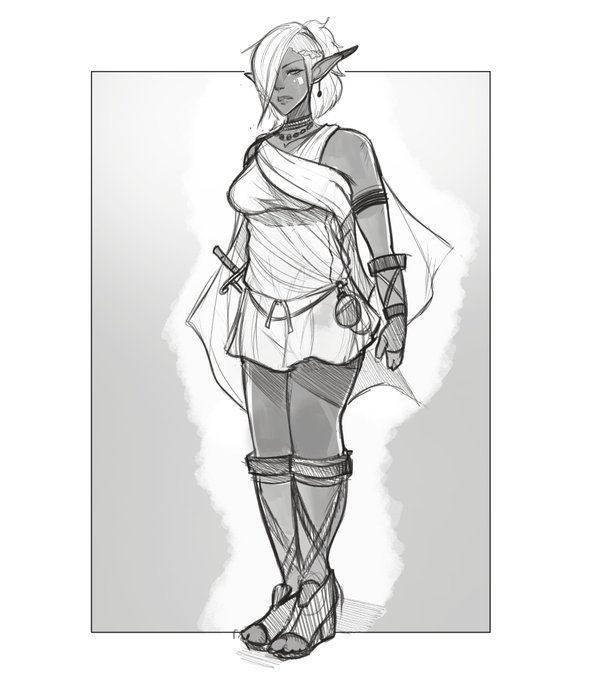 aMediocrePun's tweet photo. @gear_adrift Hmm, how about sad toga elf -- or if it's easier (because I've not really developed anyone past sketches!) My FFXIV character who, by pure coincidence I swear, is also a dark elf! 

Who am I drawing fer yersel'? 😁 https://t.co/Q8roj6U1pw