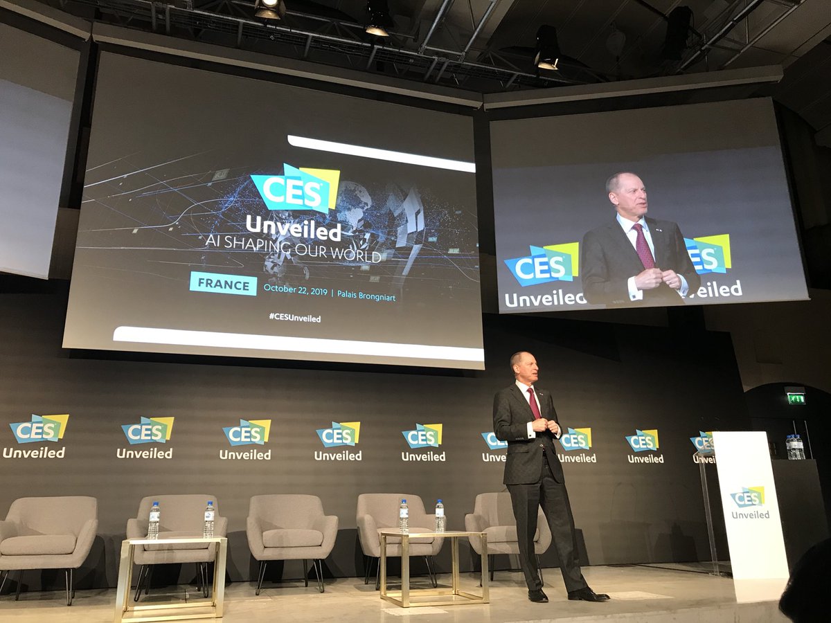 BettinaExperton's tweet photo. In the heart of Paris in the beautiful Palais Brongniart @CTATech CEO @GaryShapiro kicks off #CESUnveiledParis giving a masterful grand round of tech around the world fueled by innovation transforming our lives and a big thank for the shout-out to #Humetrix! https://t.co/vNfOZjkyYb