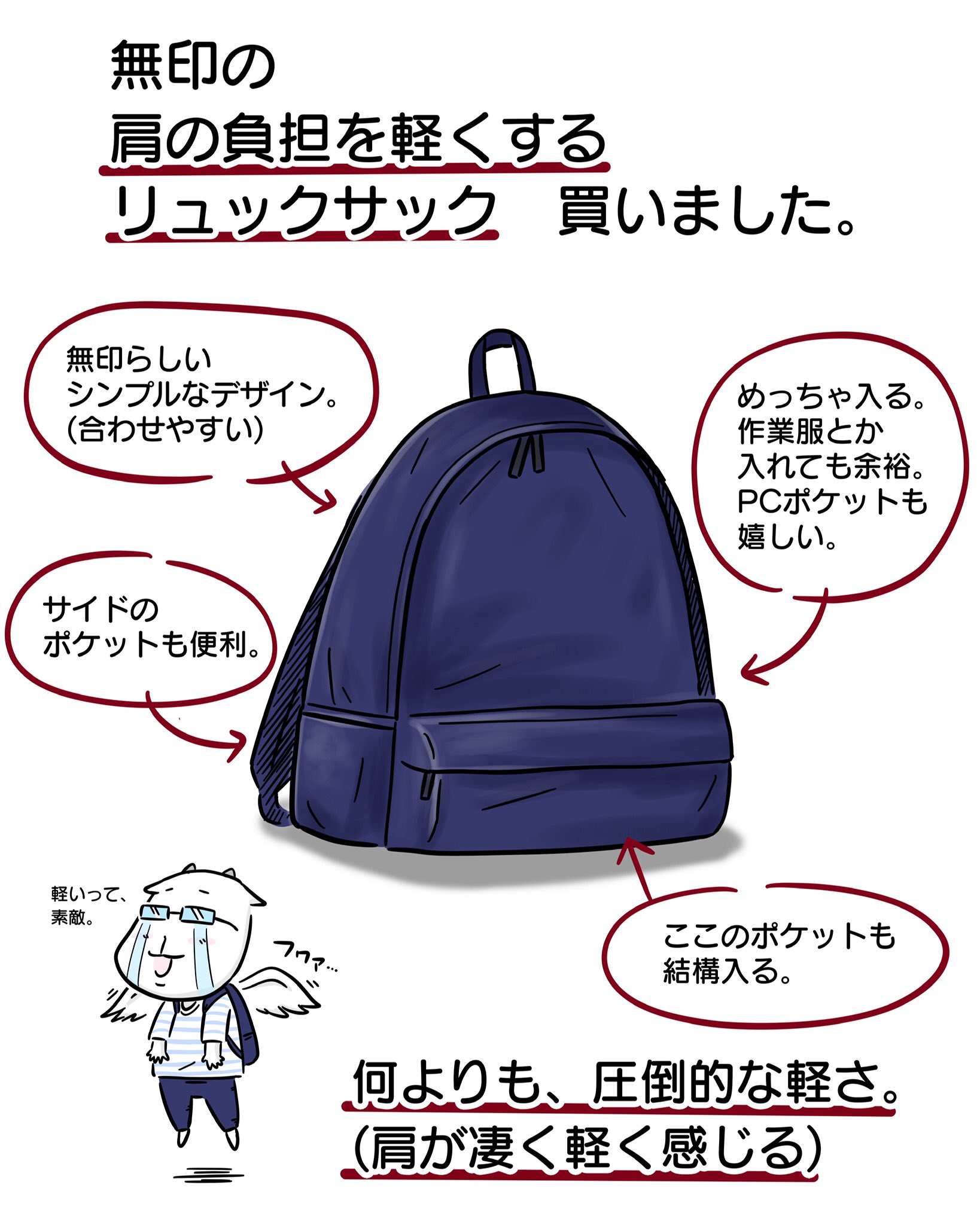ｓｅｉｙａ めちゃくちゃ軽い セールの時に買ったんですが いっぱい入るので 防災リュックとしてもう一つ買っておけばよかった 日常 イラスト マンガ Manga 漫画 Medibangpaint Illustration イラストエッセイ コミックエッセイ
