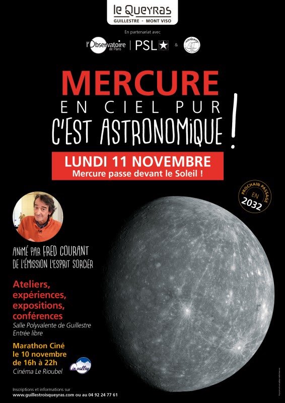 [EVENEMENT]

Pour le transit de #Mercure, le 11 novembre #armistice, @SpaceBusFrance sera à #Guillestre @LeQueyras avec l'@Obs_Paris et @FredCourant de l'@EspritSorcier !

Programme ici ➡️queyras-montagne.com/mercure-en-cie…