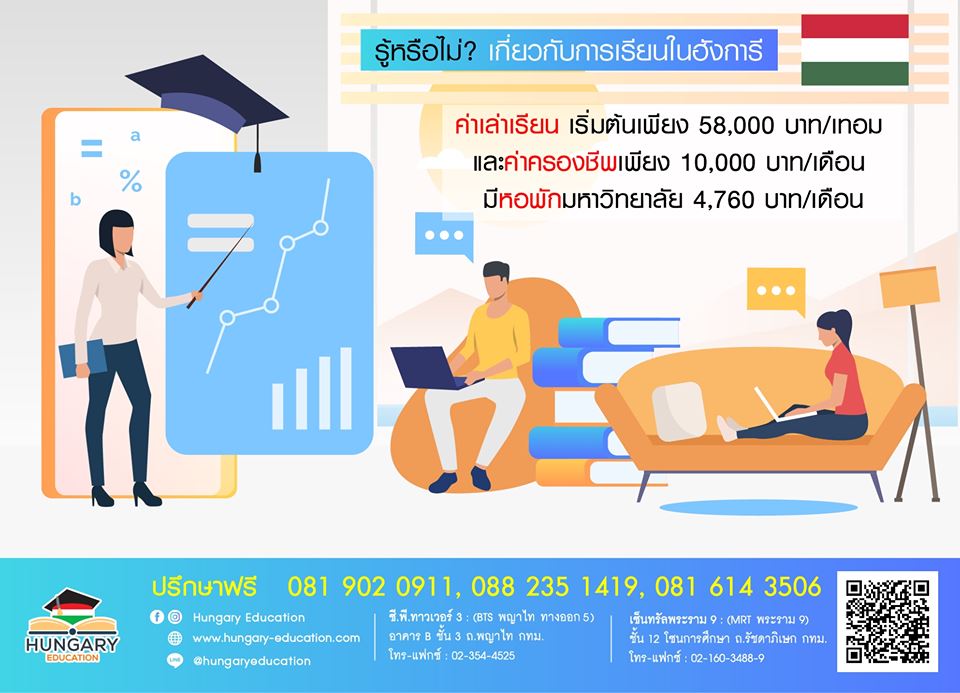 🇭🇺 รู้หรือไม่เกี่ยวกับการเรียนในฮังการี ??
💰ค่าเล่าเรียน เริ่มต้นเพียง 58,000 บาทต่อเทอม และค่าครองชีพเพียง 10,000 บาทต่อเดือน มีหอพักมหาวิทยาลัย 4,760 บาทต่อเดือน

📌 น้องๆ ที่สนใจศึกษาต่อที่ฮังการีสามารถสอบถามได้ทางเพจนี้ หรือ ID Line: @hungaryeducation
#Hungary #เรียนต่อ