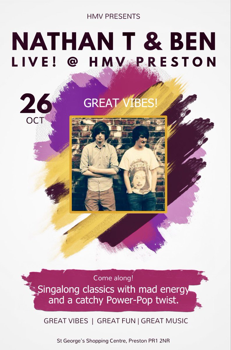 hmvPreston's tweet image. We’ve got a treat for you all this Saturday, the amazing Nathan T &amp;amp; Ben are back to perform for your pleasure. Come on down to @StGeorgesPR1 and support your local music scene. #hmvLovesLiveMusic #Preston