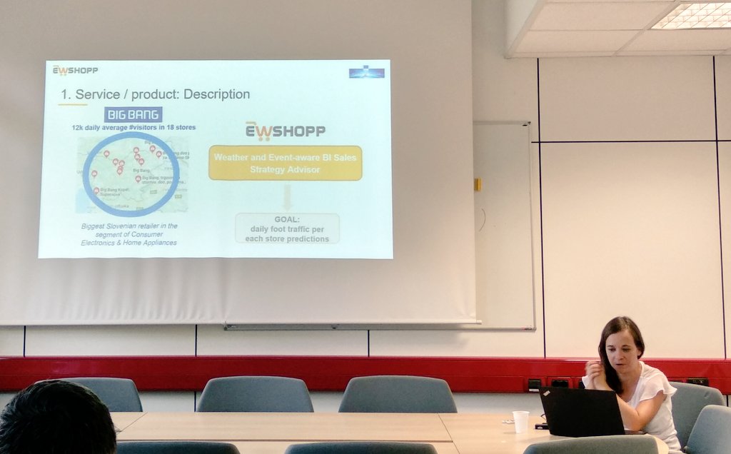 EwShopp's tweet photo. After lunch ... @BigBangSlo business case, visitors prediction based on weather forecast and events. #Ewshopp #Shopping #BigData #Weather #Retail #H2020 | @BDVA_PPP @DSMeu https://t.co/MNUkaBMsuO