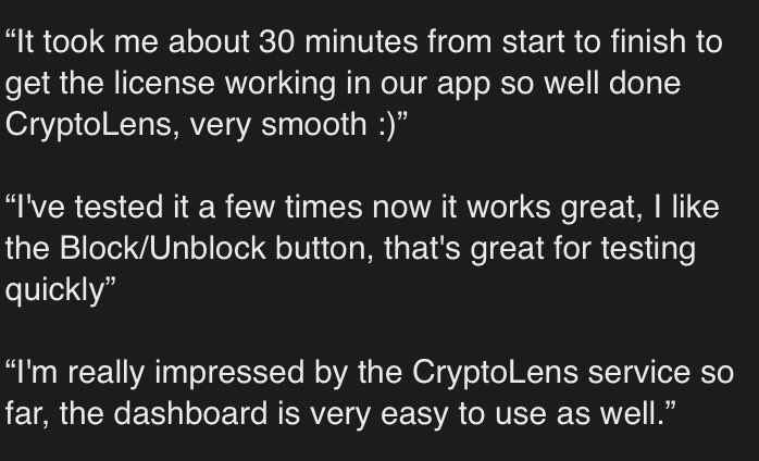 cryptolens's tweet photo. Some incredible customer feedback!! Thank you! 🥰
Get your software licensed today with @cryptolens!
#softwaredevelopment #softwarelicencing #SoftwareDeveloper https://t.co/i7u7zHSVMO