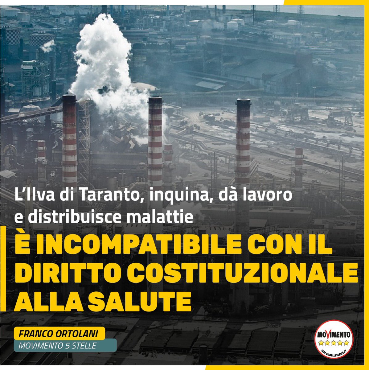 Francortolani's tweet photo. Ilva di Taranto. L'acciaieria è incompatibile con il diritto costituzionale alla salute dei cittadini.         Punto! Inquina, dà lavoro e distribuisce malattie ai cittadini. Praticamente è un impianto che non dovrebbe esistere https://t.co/uw7EUiXGdb