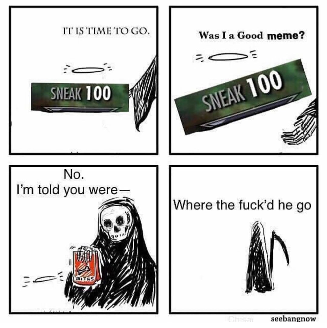 Lil_cheesenut's tweet photo. #memes #Skyrim #sneak #deathmeme #goodmeme https://t.co/FR5oPH4HpB
