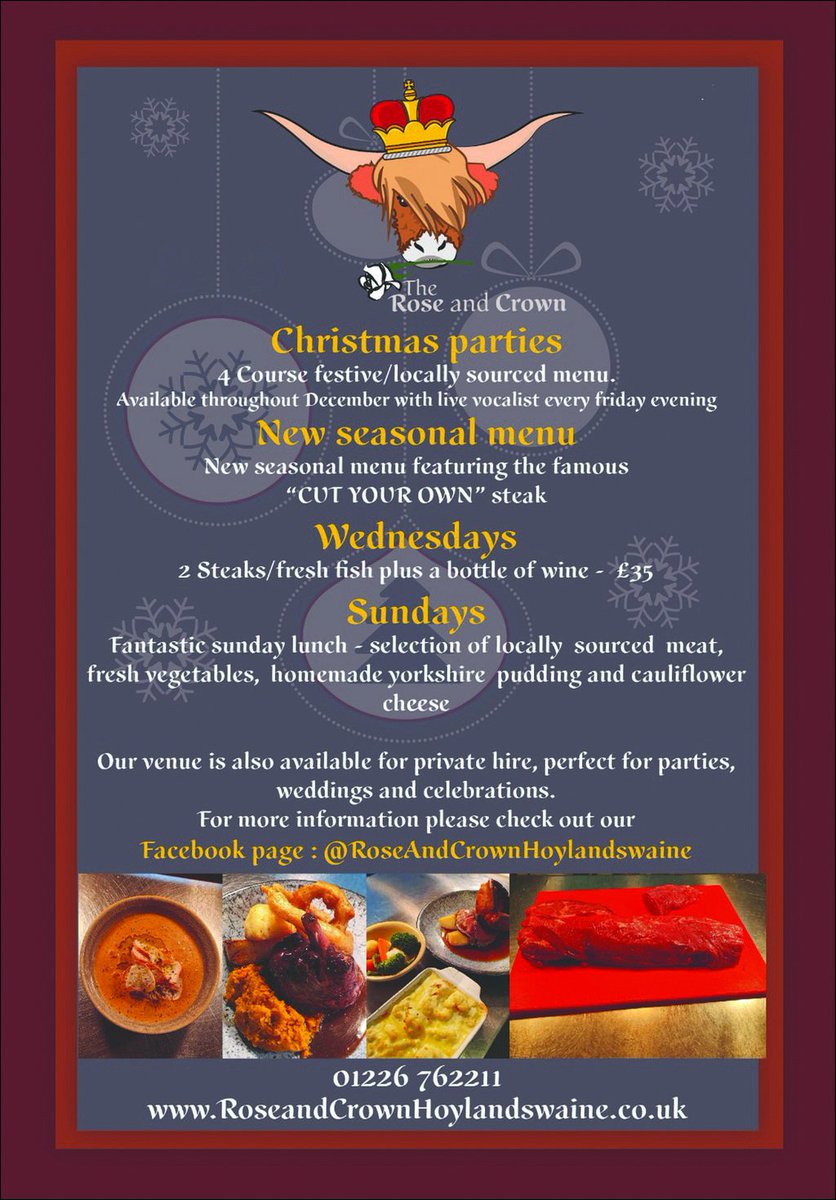 There's still time to book your Christmas meals...
Alams - buff.ly/2G3DOA9
Balti Palace - buff.ly/32pPkA2
Talbot - buff.ly/2MywIGS
Rose and Crown (Hoylandswaine) - buff.ly/2UuY87m
