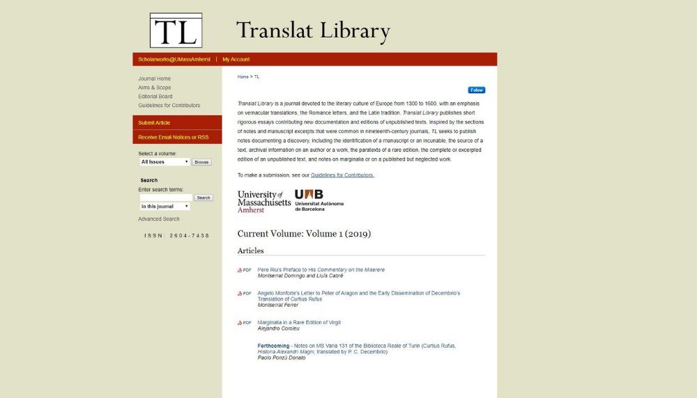 The UMass Amherst Libraries announce the launch of Translat Library, a new journal based at UMass Amherst and published through ScholarWorks@UMassAmherst in collaboration with the Universitat Autònoma de Barcelona in Spain.

Link: bit.ly/2qwu4du