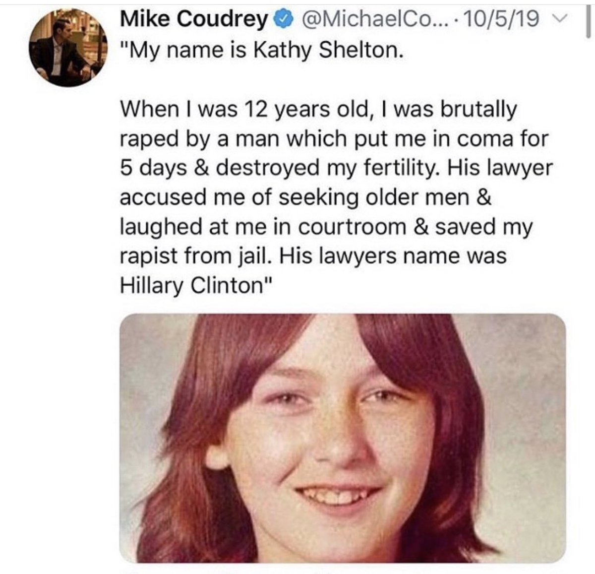 MSAPatriot's tweet photo. @HillaryClinton @ClintonFdn Never forget ALL of Hillary’s [ #ClintonBodyCount ] victims! Kathy’s story is horrendous &amp; tells you EVERYTHING!!!
⬇️⬇️⬇️⬇️⬇️⬇️⬇️⬇️⬇️⬇️⬇️

#HillaryForPrison 
#ClintonCrimeFamily 
#HillaryUnhinged 
#HillaryClintonEmails 
#HillaryIsAWarMonger 
#BENGHAZI 
#Syria #Libya #WhiteWater https://t.co/BLMyCwHXXl