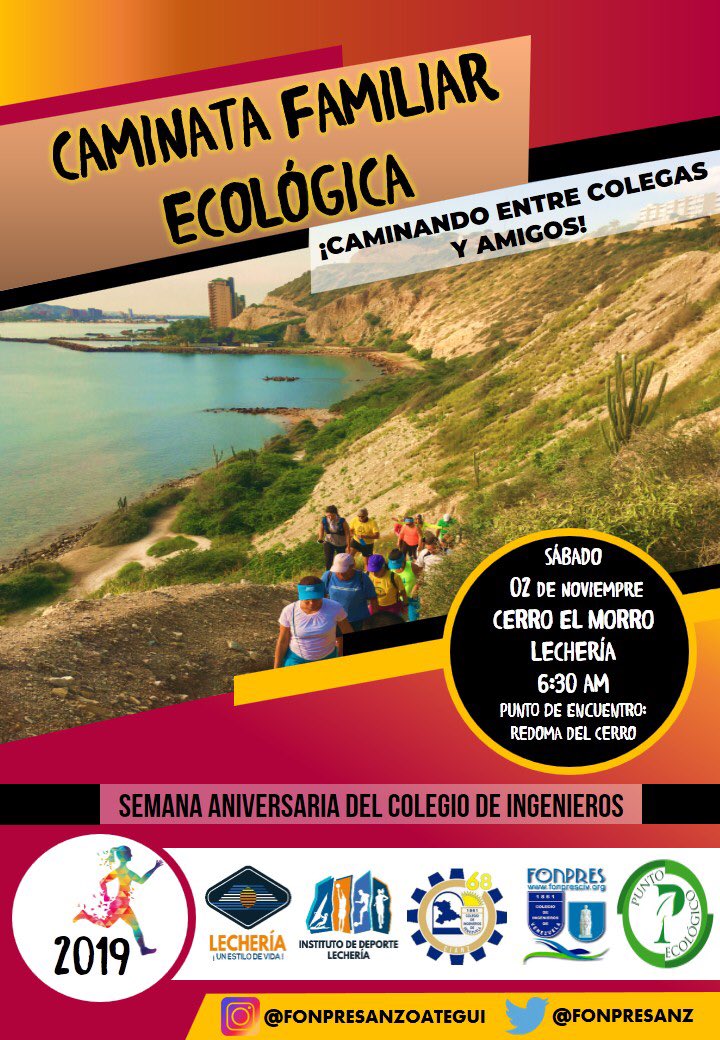 FonpresAnz's tweet photo. Invitamos a los ingenieros, arquitectos, afines y a la comunidad en general a la Caminata Ecológica Familiar en la semana Aniversario Del Colegio de a ingenieros y Arquitectos para el sábado 2 de noviembre a las 6:30 am.  Participación Libre!!! Los esperamos !!!! https://t.co/IeCzk0wLLy