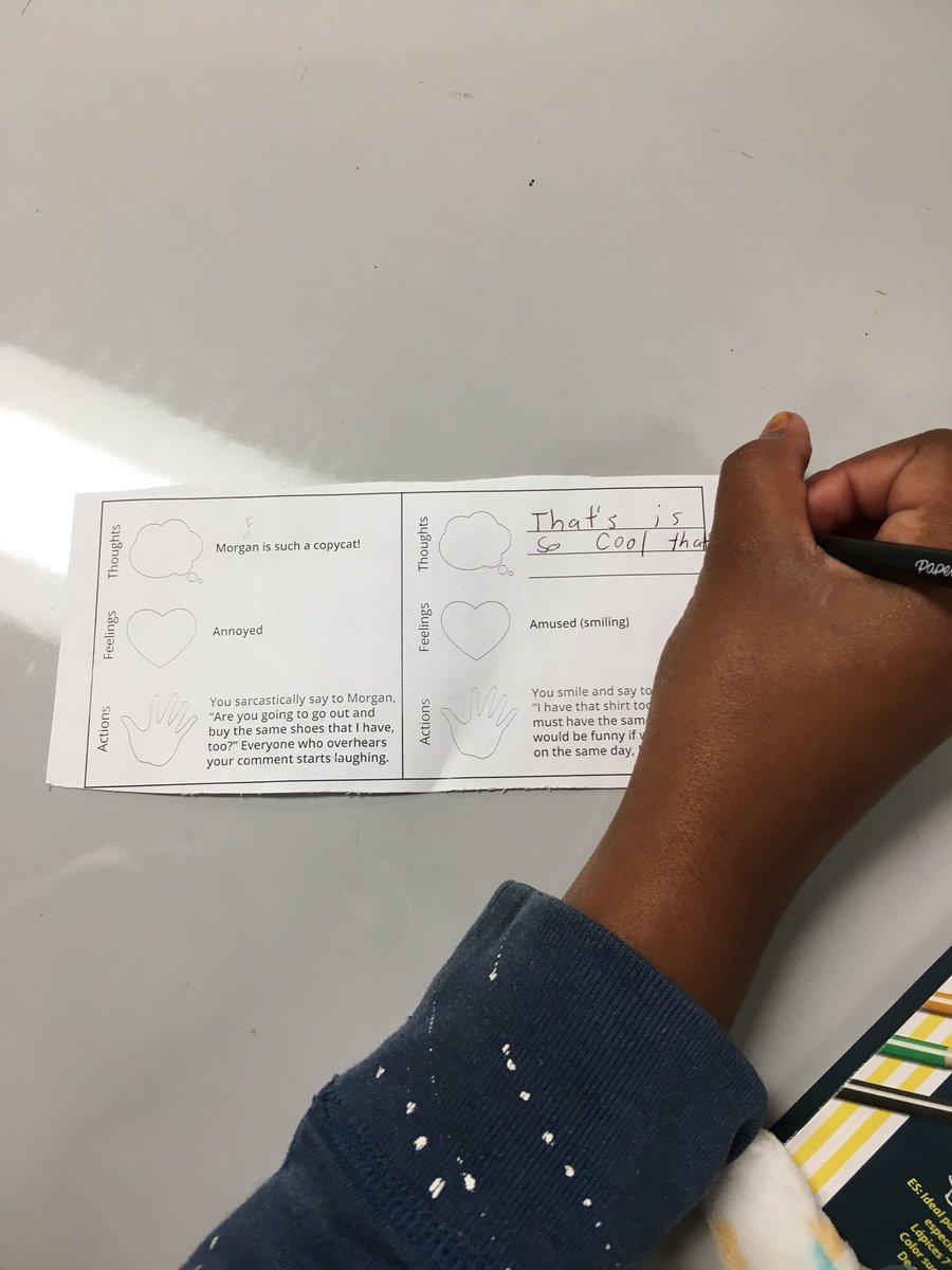 BHandley4's tweet photo. Amazing Instructional Coach @AnneFishburne modeling @SanfordHarmony lesson with an empathy map to help students change negative thoughts to positive feelings, words and actions! @ChaseTigers https://t.co/GkE3FBZqzU